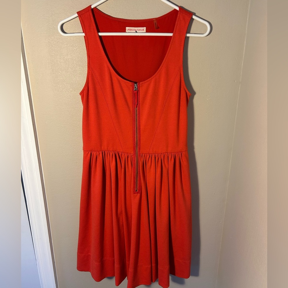 REBECCA TAYLOR JAMILLAH FRONT ZIP SCOOP NECK RED DRESS WITH POCKETS SIZE 4